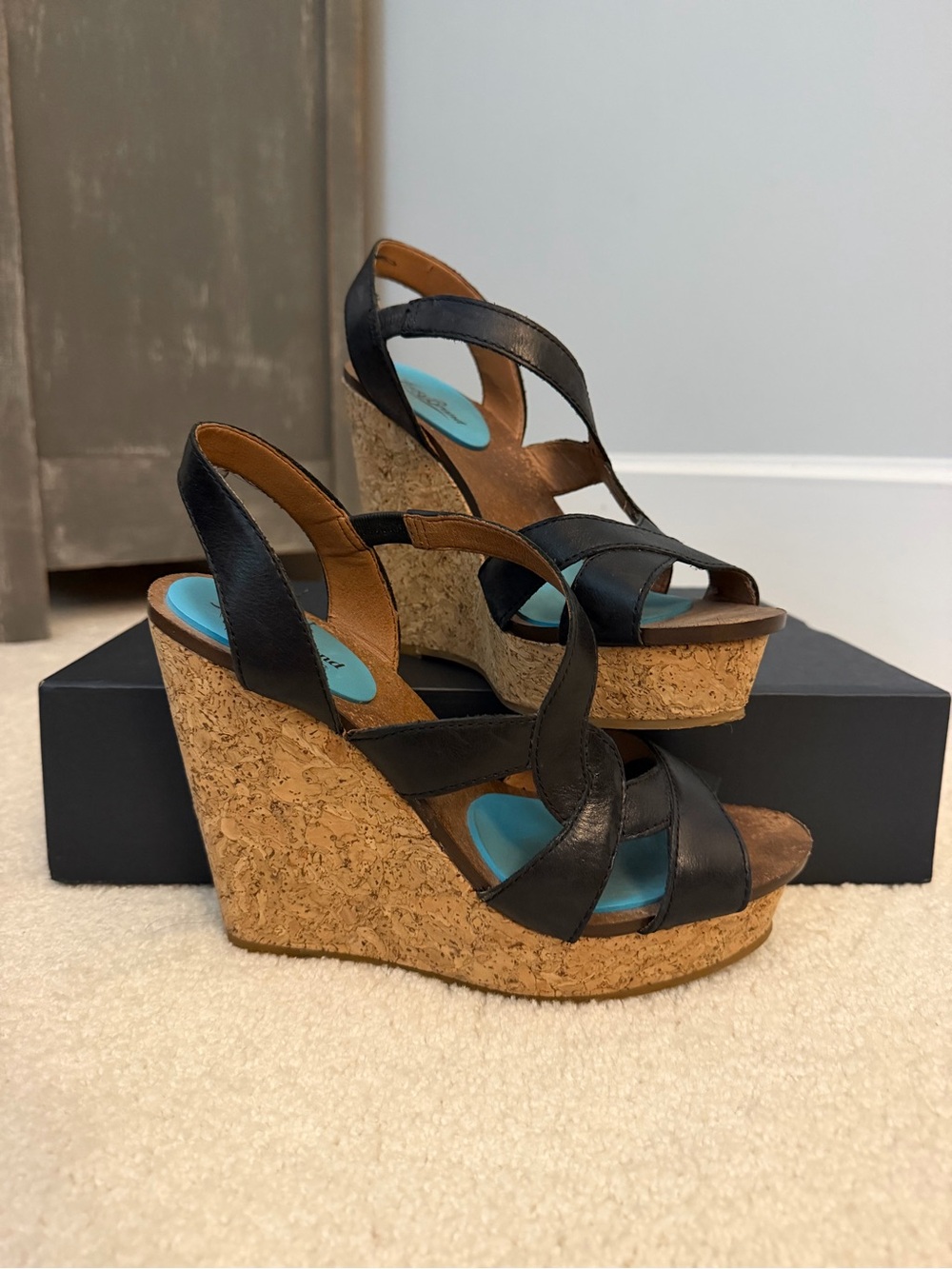 Lucky Brand Black Leather Cork Wedge Sandals
